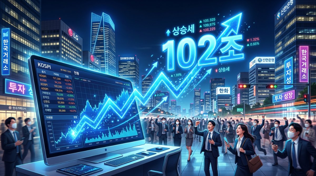 일평균 거래대금 102조 원 돌파와 증권주 급등을 상징하는 홀로그램 주식 차트 그래픽