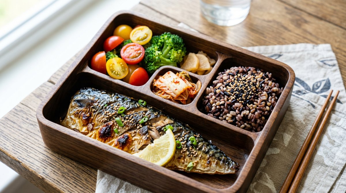 토마토, 고등어구이, 잡곡밥으로 영양소를 구분해 구성한 직장인 다이어트 도시락