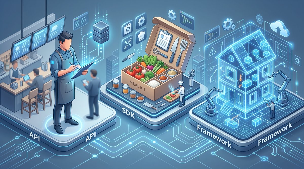 API의 점원 역할, SDK의 밀키트, 프레임워크의 모델하우스 비유를 표현한 3D 일러스트