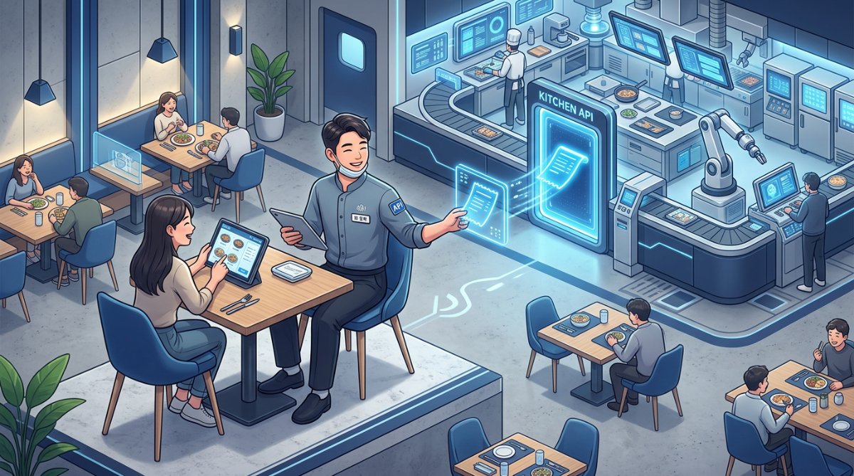 API의 메신저 역할을 식당의 점원과 주방으로 묘사한 3D 일러스트