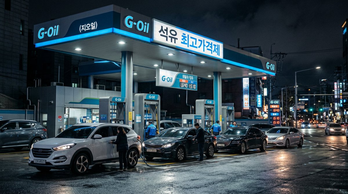 석유 최고가격제가 전격 시행된 날 밤, 차량들이 길게 줄지어 있는 한국의 주유소 풍경