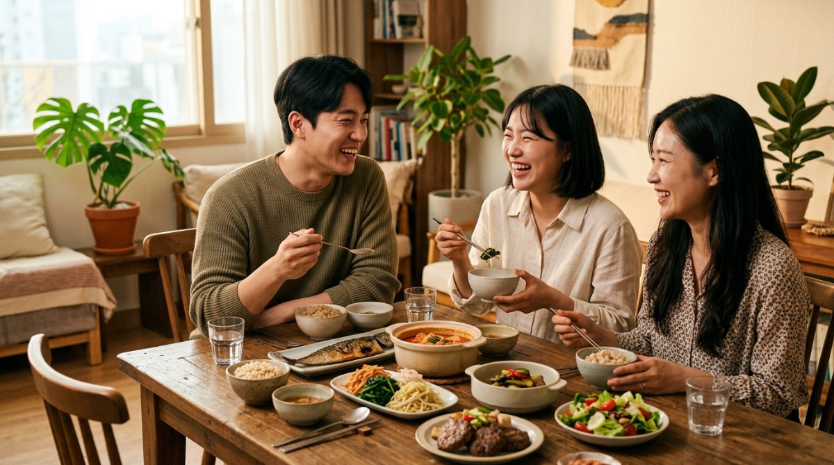 건강하고 균형 잡힌 식사를 하며 스트레스 없이 즐겁게 대화하는 세 명의 한국 성인들