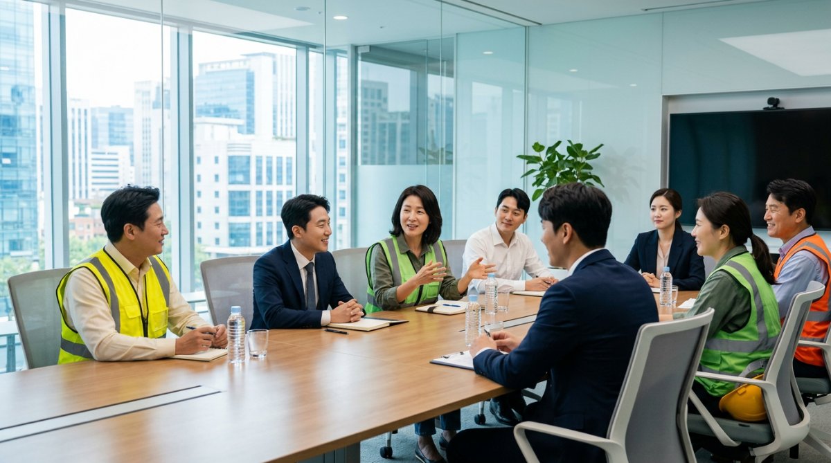 원활한 소통을 위해 평화롭고 건설적으로 교섭 회의를 진행하고 있는 노사 양측의 모습
