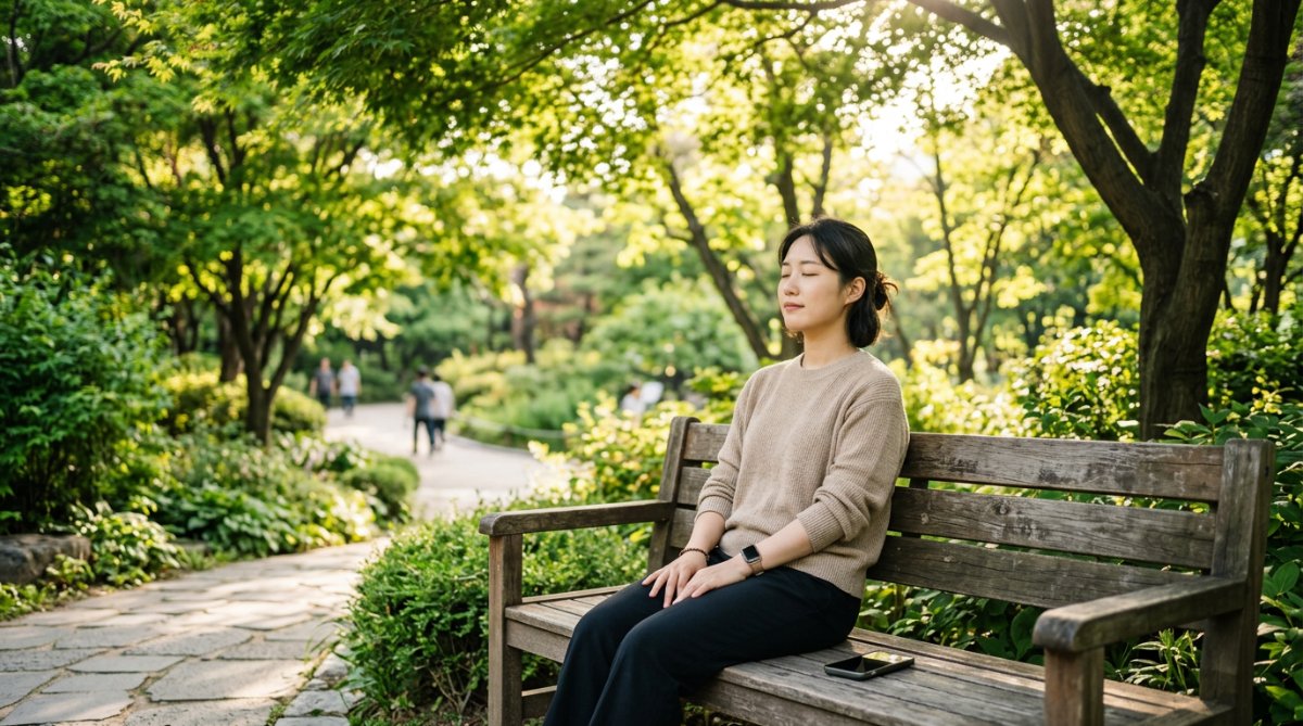 스마트폰을 내려놓고 공원 벤치에서 휴식하며 멍때리는 사람