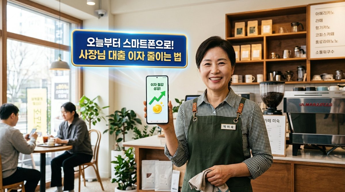 스마트폰으로 비대면 대출 갈아타기를 알아보고 안도하며 기뻐하는 한국의 카페 사장님