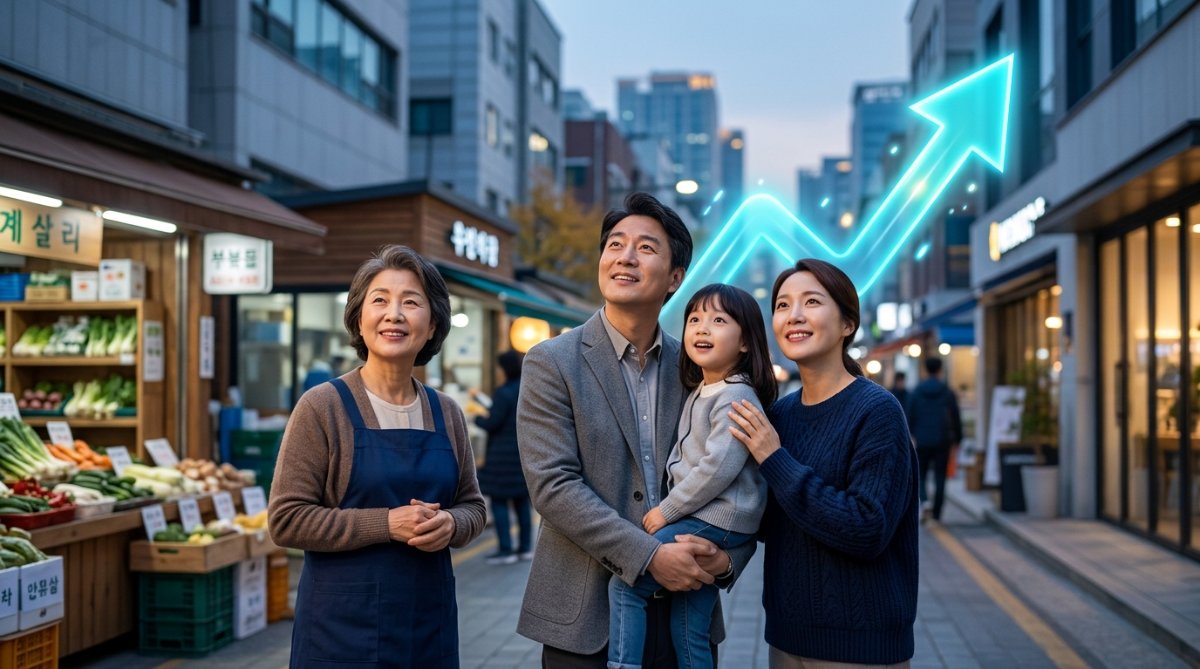 국채 발행 없는 25조원 추경으로 인한 경제 회복과 희망을 상징하는 밝은 표정의 한국인들