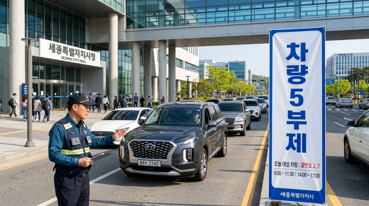공공기관 입구에 세워진 차량 5부제 시행 안내 표지판과 출입을 통제하는 경비원의 모습