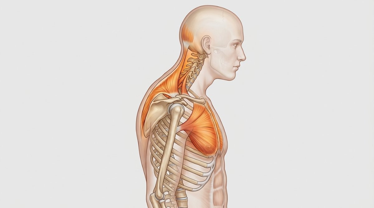 거북목과 라운드숄더 자세로 인해 목 뒤쪽과 가슴 근육에 긴장이 발생한 상태를 보여주는 해부학적 일러스트