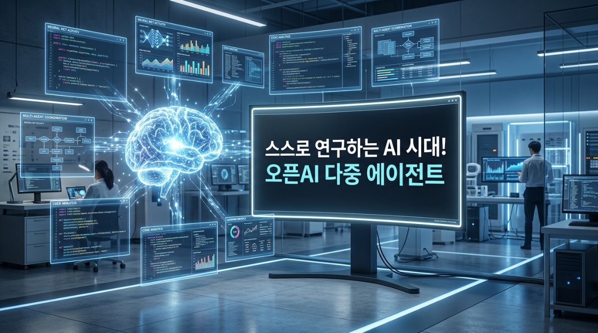 오픈AI의 완전 자율형 AI 연구자와 다중 에이전트 시스템을 상징하는 미래지향적인 연구실 모습