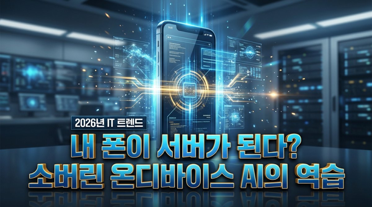 거대한 서버랙 앞에서 스스로 빛나며 독립적인 AI 연산을 수행하는 미래형 스마트폰의 모습
