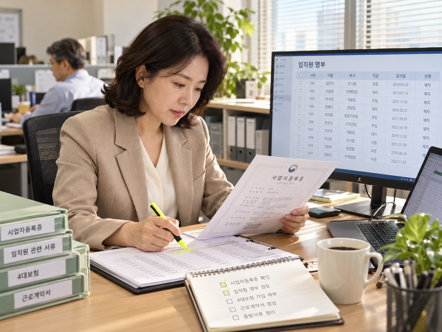 인사 담당자가 등기부등본과 직원 명단을 대조하며 고용실적을 점검하는 모습