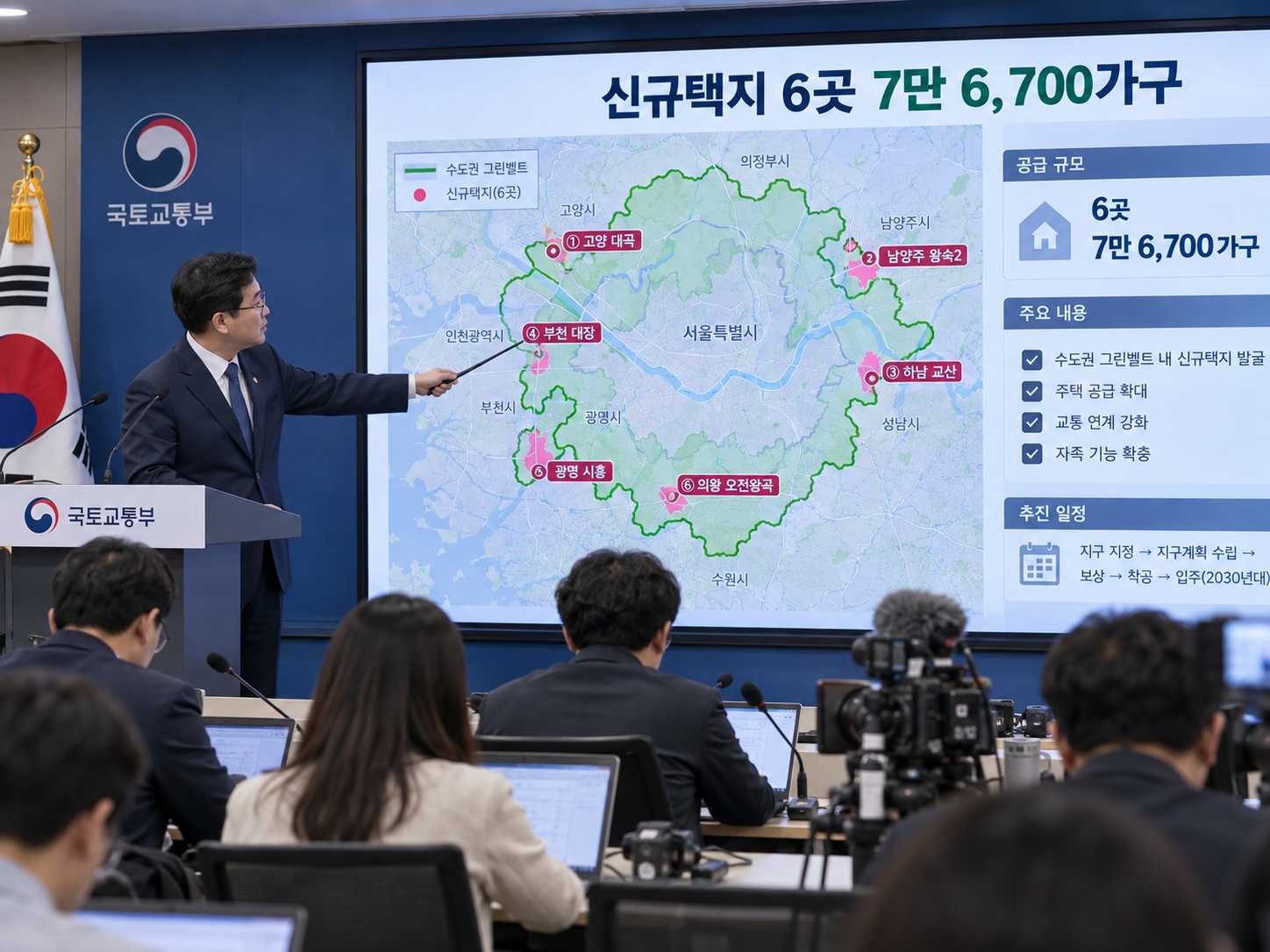 국토교통부 신규택지 발표 브리핑 현장과 수도권 지도
